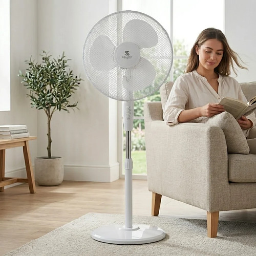 Delight White 16 Inch Standing Fan, 3 Speed Adjustable Height Pedestal Fan