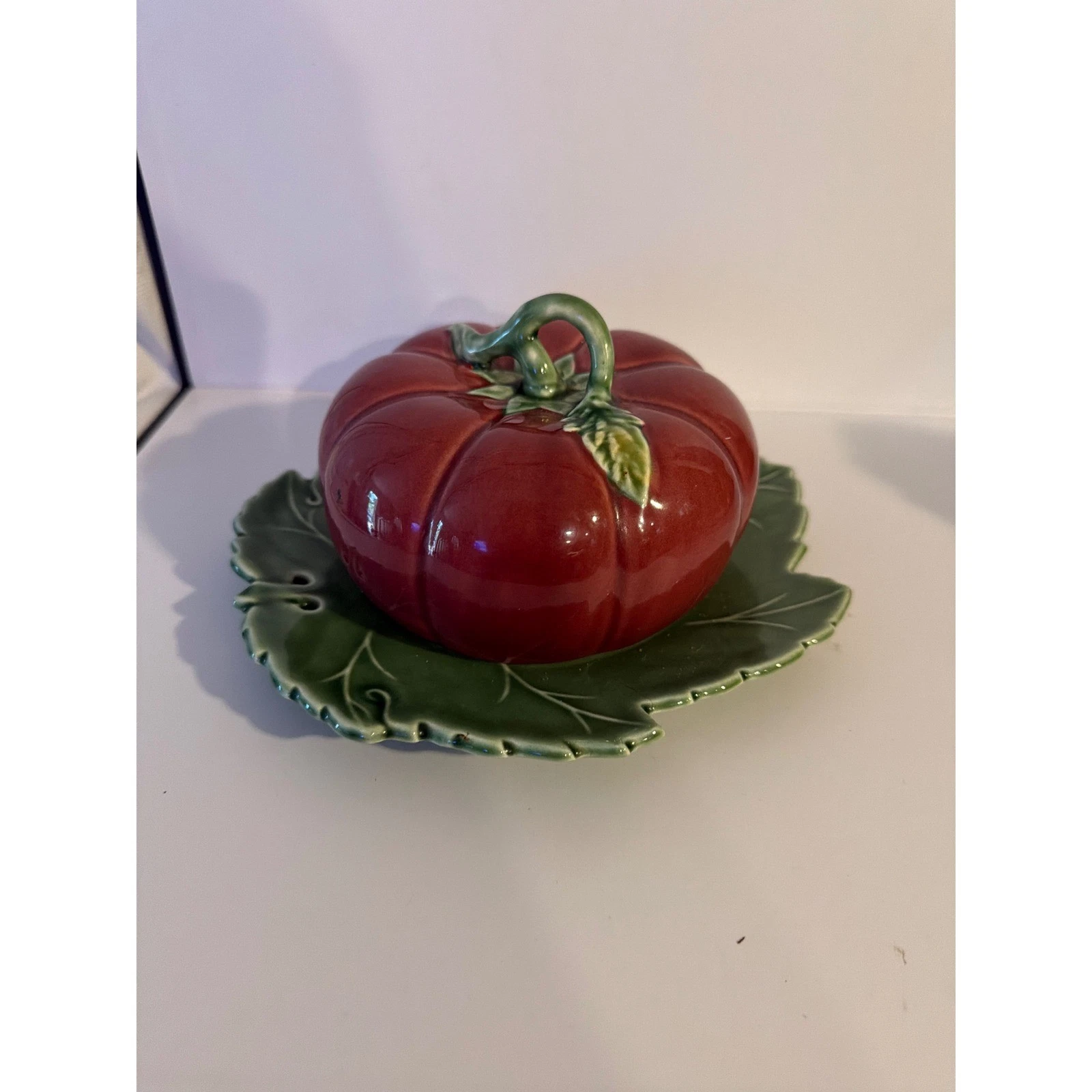 Vintage Majolica Style Red Tomato Butter Dish with Green Leaf Base Ceramic 2pc