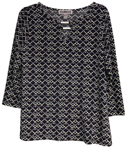 By Design Blouse Blue Multi Art Deco Print 3/4 Sleeves Medium Stretch