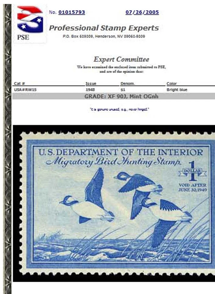 RW15 — 1948 Bufflehead, XF 90 JUMBO NH, PSE Certificate - Image 2 of 2