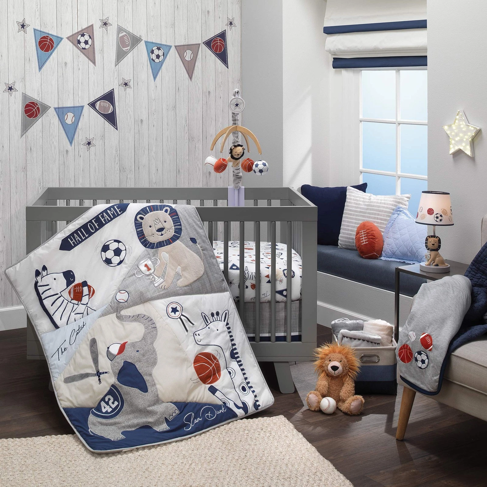 Lambs Ivy Hall of Fame Sports Animals 5-Piece Crib Bedding Set - Gray/Blue