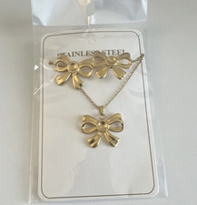 Gold Stainless Steel Bow Jewelry Set Necklace Earrings No Stone