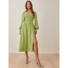 Reformation Cello Dress in Crocodile Green Small Fully Smocked Long Sleeve NWOT