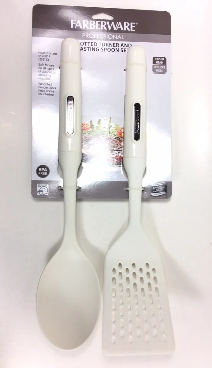 Farberware Cooking Utensils -White Nylon Slotted Turner & Basting Spoon Set  -NEW