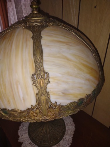 Vtg Antique Art Nouveau Caramel Slag Glass Lamp 6-Panel 22” Tall- Good Glass - Picture 7 of 18