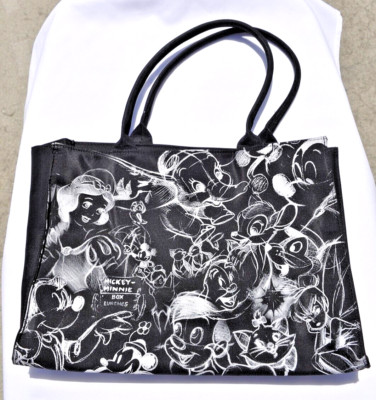 Disney Characters White Sketches on Black Tote Bag EUC