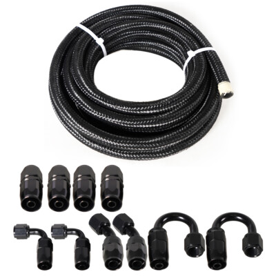10pc AN-6 Fitting Stainless Steel Nylon Braided Gas Oil Fuel Hose Line Kit 16FT