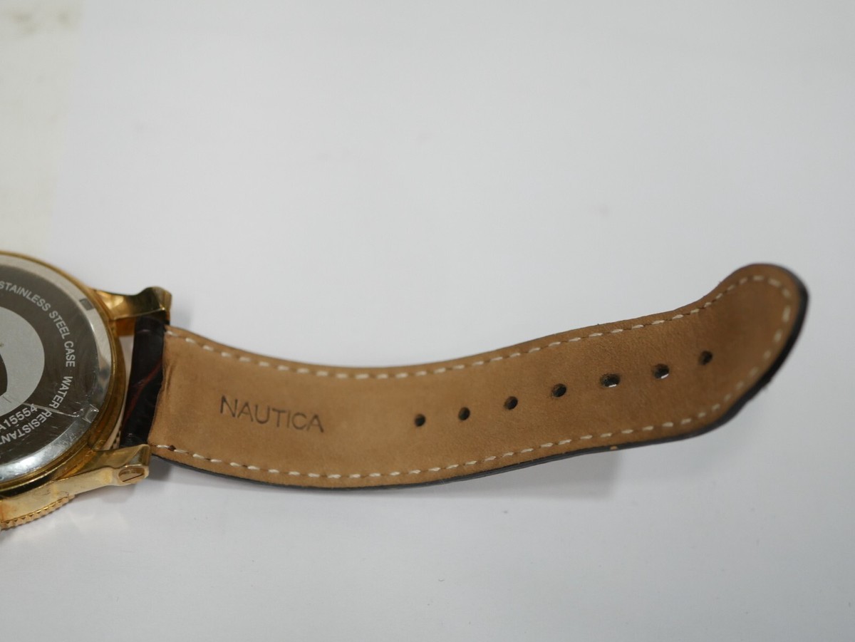 Nautica Men's Watch A15554 Gold Tone with Brown Leather Band | eBay