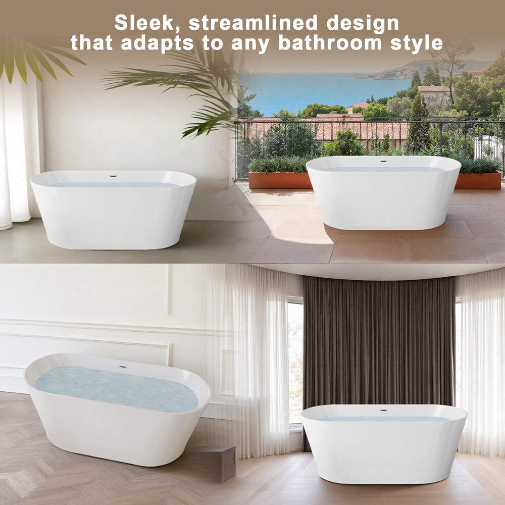 67" Freestanding Acrylic Bathtub Stand Alone Soaking Tub Oval Shape Tub w/ Drain