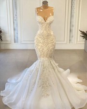 Luxury Mermaid Wedding Dresses Beaded Appliques Vintage Lace Up Back Bridal Gown
