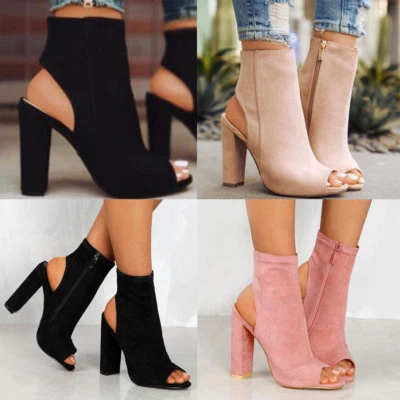 Women's Block High Heels Shoes Peep Toe Zip Ankle Boots Sandals Nightclub Chunky