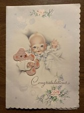 Vintage 1940s New Baby Newborn Congratulations Greeting Card Teddy Bear P4d