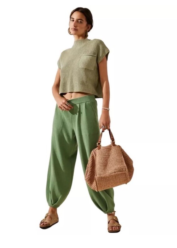 Free People Womens Freya Sweater Pants Wide Leg Pleated Green High Waisted Small
