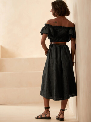 banana republic smocked ruffle midi dress Banana Republic S Smocked Ruffle Midi Dress Small Black #789699 NEW