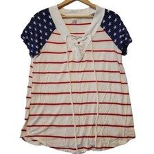 7th Ray Stars and Stripes Short Sleeve Top Womens Size L White Red Blue USA Made