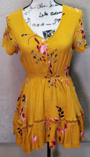 Sunday Mi Amor Mini Dress Women XS Yellow Floral Cinch Waist V Neck Button Front