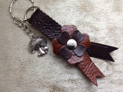 Handmade real leather flower and lovely toadstool key ring. 9 | eBay UK