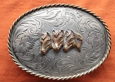 Vintage Diablo Cowboy Cowgirl Sterling Silver 3 Horse Heads Western Belt Buckle