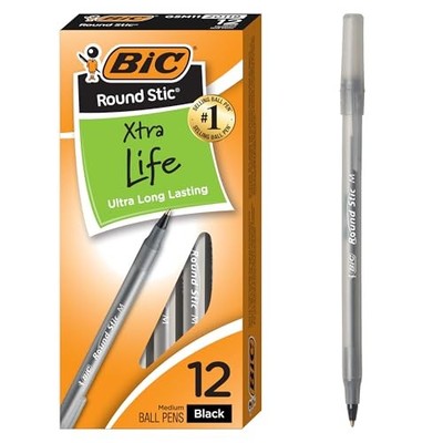 Round Stic Xtra Life Ballpoint Pens, 12-Count, 12 Count (Pack of 1) Black