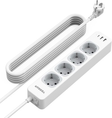 TESSAN 4-Way Multiple Socket with Extension Cable, 5 m, Power Strip with 1 USB