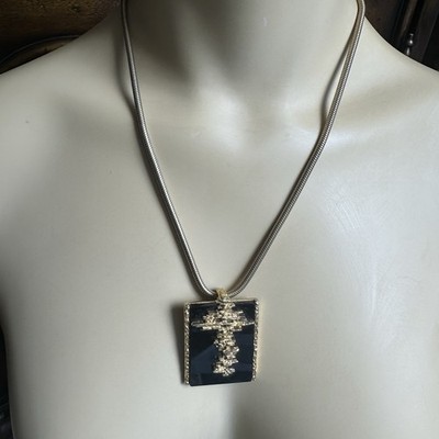 VTG Pendant Necklace 16'' Black Art Glass Freeform Gold Plated Snake Chain