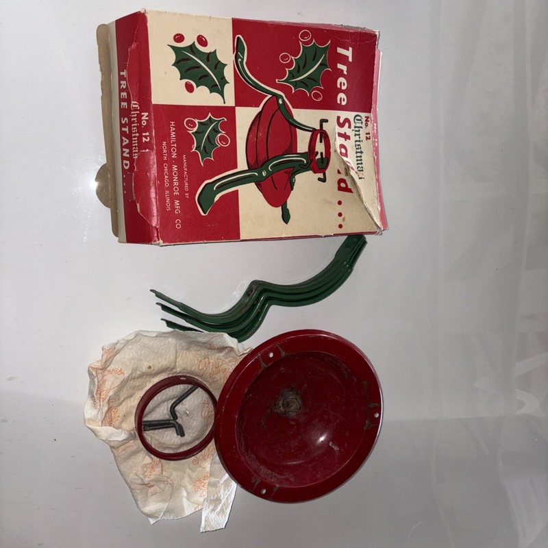 Vintage Metal Christmas Tree Stand With Box Red Green Hamilton Monroe No. 12 