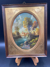 Quadro ovale sul rame paesaggio Fiume cornice d'orato Firmato Van Ros
