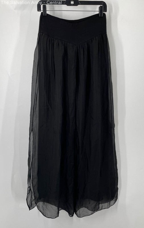 Womens Black Silk Elastic Waist Pull On Wide-Leg Palazzo Pants Size Approx. S