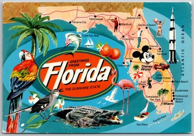 Vintage Greetings from Florida Map Postcard John Hinde Disney World Space