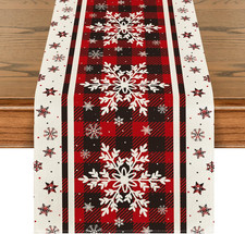 Buffalo Plaid Snowflakes Christmas Table Runner, Seasonal Winter Kitchen Dining