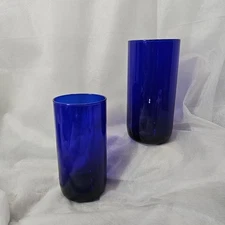 Vintage Libbey Cobalt Blue Round Bottom Tumblers Glasses 16 oz 6" Tall Set of 2