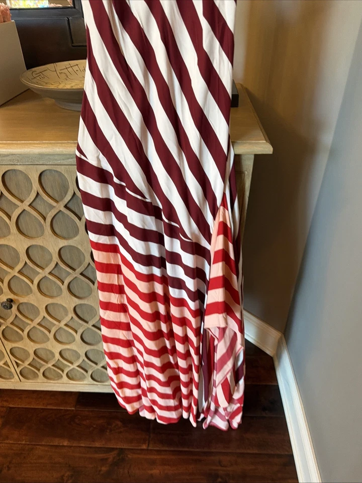 Reiss Holly Colourblock Stripe Asymmetric Midi Dress in Burgundy/Off White 2 - Image 4 of 4