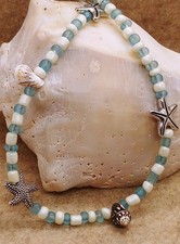 Handmade Seashell Silvertone Starfish Aqua White Glass Beaded 21" Necklace