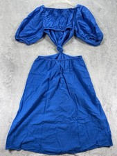 Farm Rio A-Line Dress Womens Medium Blue Linen Off The Shoulder High Low Hem