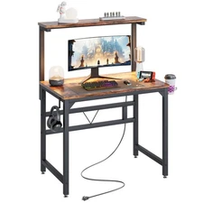 Gaming Desk with Power Outlets & Lights,80CM Industrial Writing Desk with Adj...