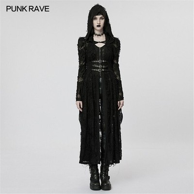 Punk Rave Women Black's Gothic Two-pieces Knitted Broken Hole Long Hooded Coat