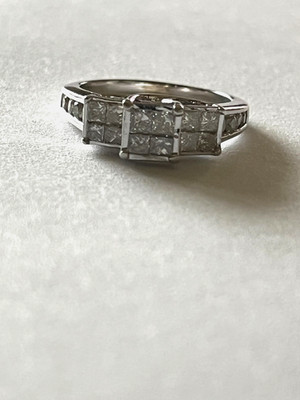 10K White Gold 3-Stone Princess Cut Diamond Engagement Ring - Just Polished!