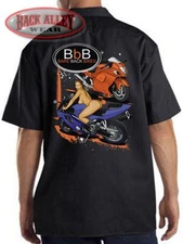 BARE BACK BIKES Mechanics Work Shirt Biker ~ Topless Babe ~ Street Bikes