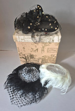 Vintage Lot of 3 Feathered Hats, A Frank Olive  Two Unbranded Caged Veil Hats