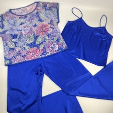 Vtg Vanity Fair 3 Pc Pajama Set Sz S Lounge Outfit Blue Floral Mesh Cami
