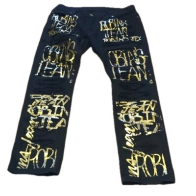 Robin s Jean Graffiti Gold Foil Branding distressed Black Jeans size 40