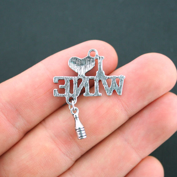 2 I Love Wine Charms Antique Silver Tone Wine Bottle Dangle