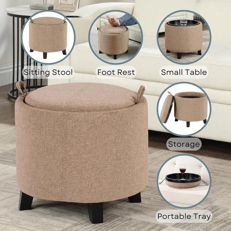 Round Modern Upholstered Foot Stool Small Tray Table, Storage Ottoman Tan Fabric - Image 4 of 4