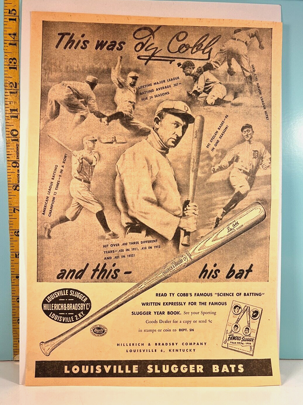 1950 Louisville Slugger Silver Bats TY COBB  & HIS BAT TIGERS Print Advert.