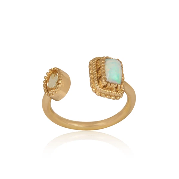 Ethiopian Opal and Citrine Ring Gold Plated 2 Stone Adjustable Ring For Fianc