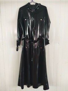 100% Latex Rubber Long Coat Trench Windbreaker Hood Black Catsuit 0.4mm S XXL