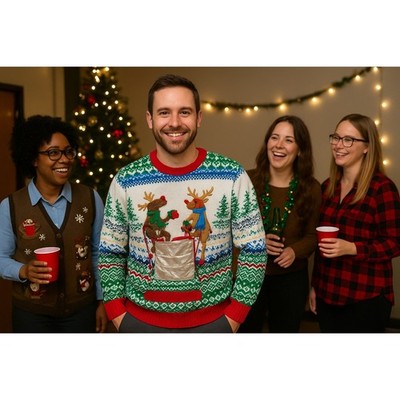 Ugly Christmas Sweater M Nordic Reindeer Beer Pong Party Knit Red Solo Cup Fun