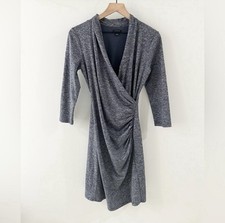 Ann Taylor 3/4 Sleeve Knit V-Neck Ruched Dress Blue Spacedye Size 2