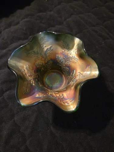 Vintage Fenton Cobalt Green Carnival Glass Ruffled Hat Bowl Holly Berry Pattern