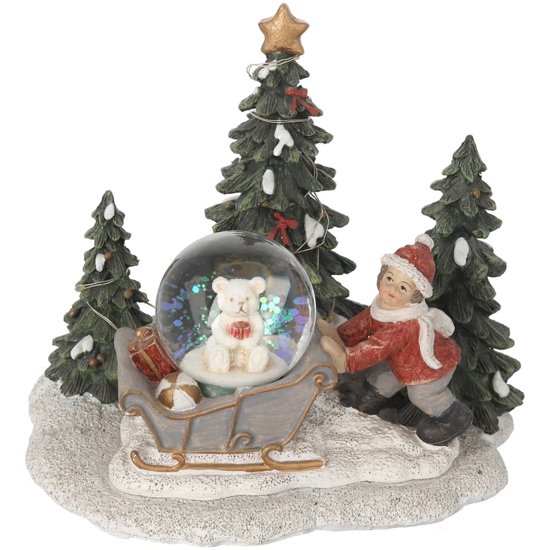 Decorazione Natalizia Bimbo con Sfera e Abeti Luce LED Natale Soprammobile